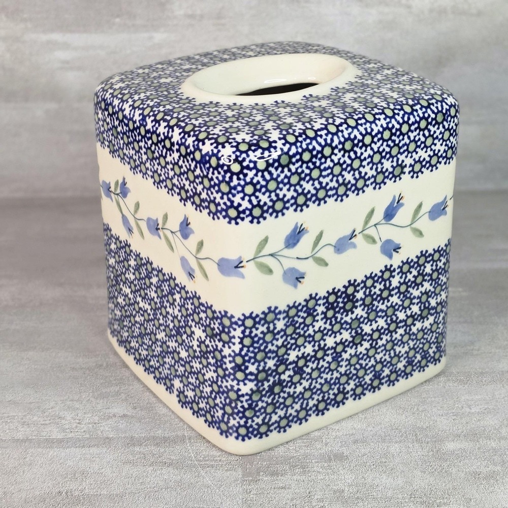 Boleslawiec Ceramika Polish Pottery Tulip Blue Daisy Tissue Box Cover 6.5"